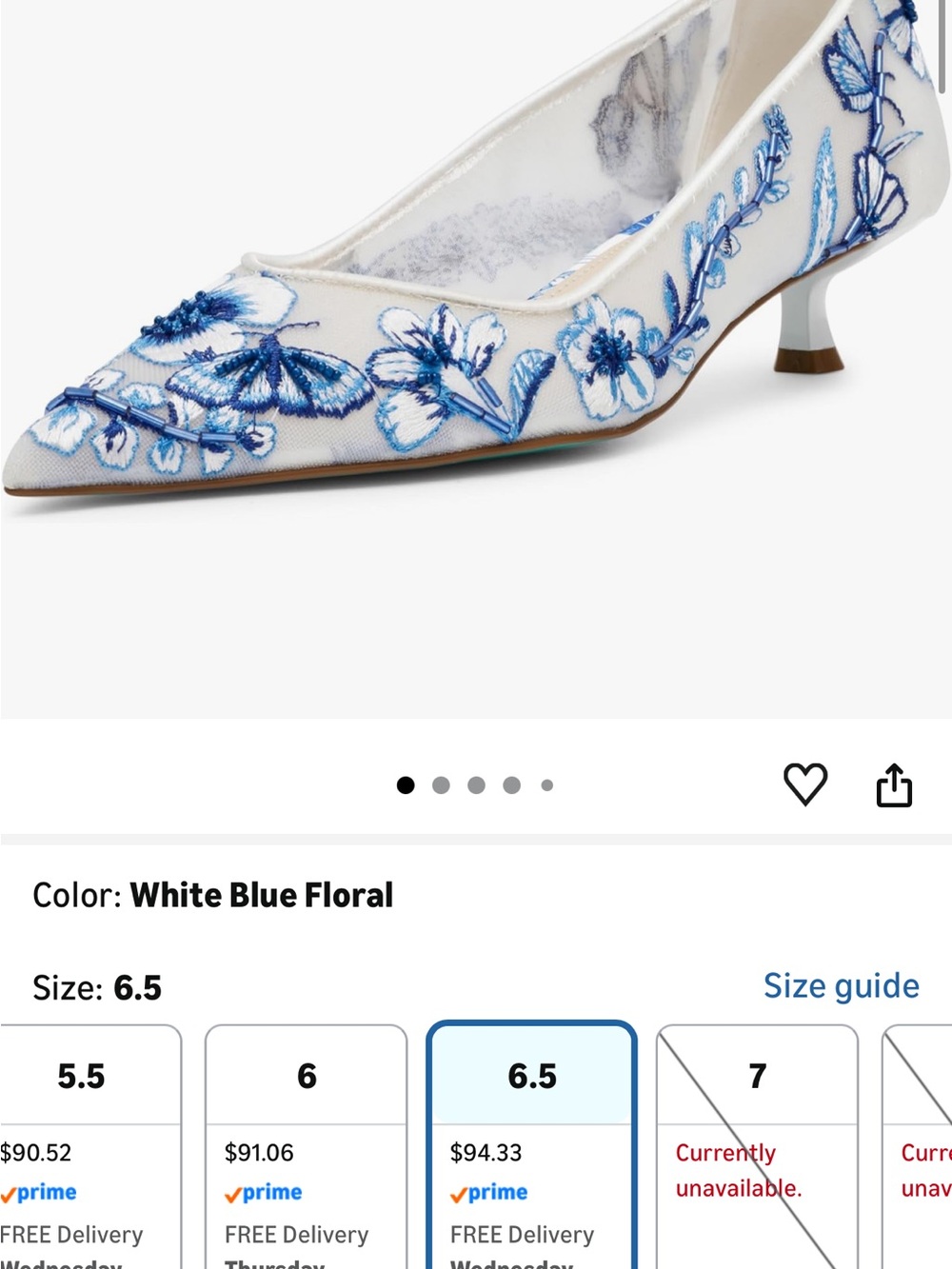 Betsy Johnson Santo White Blue Floral Embroidered Pointed-Toe Kitten Heel Pumps